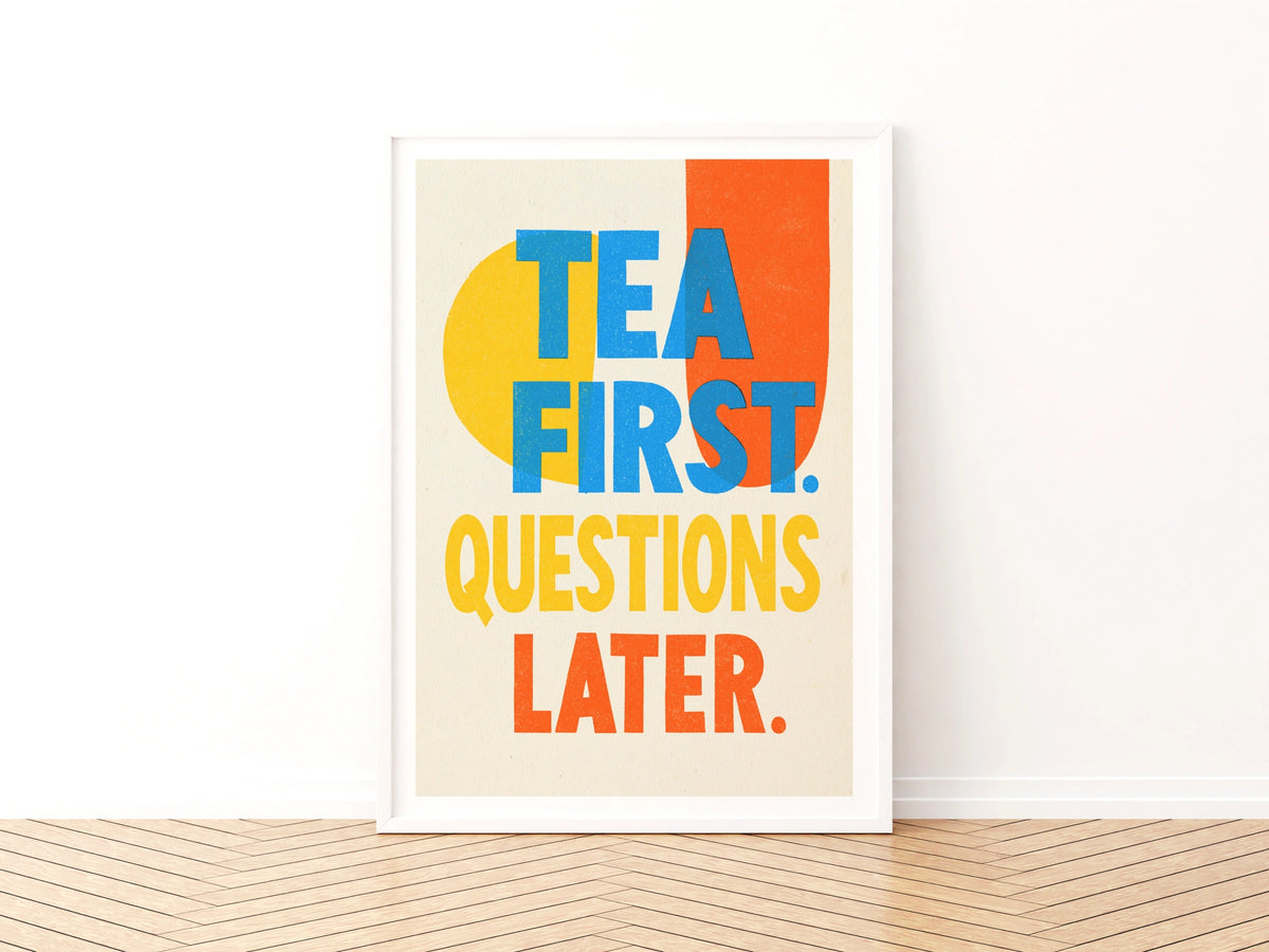 Tea First Questions Later Vintage Food Poster Print | Rustic Kitchen Decor | Retro Mid Century
