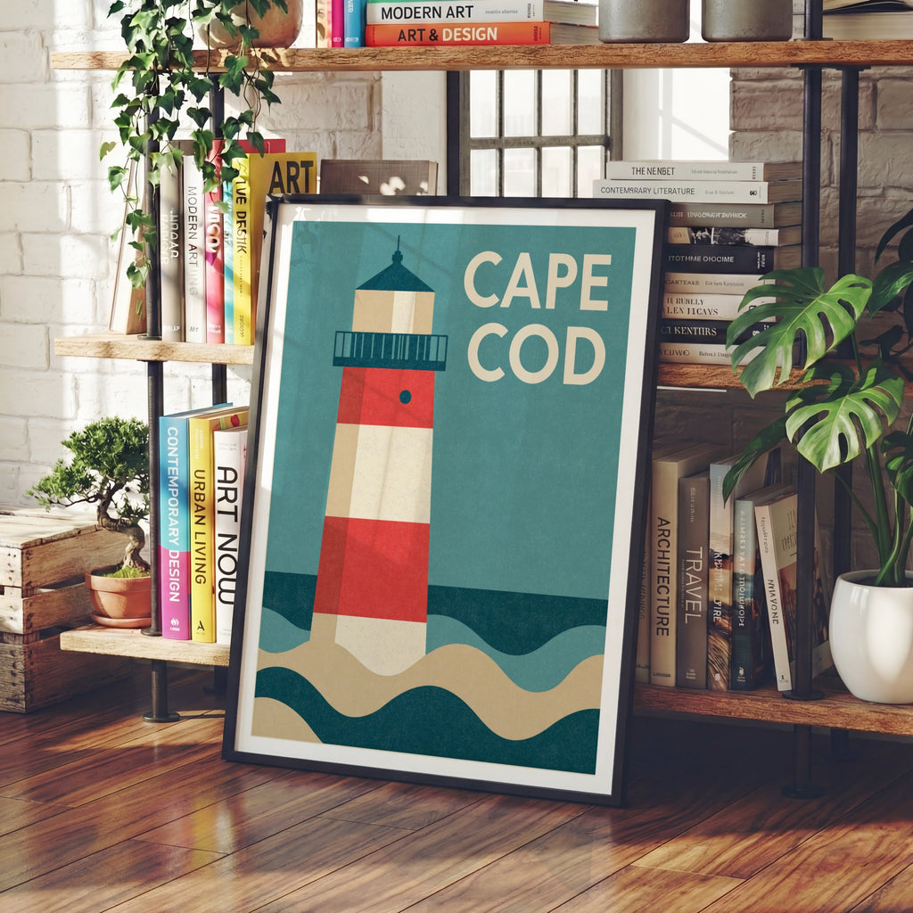 Cape Cod Retro Travel Poster, Lighthouse Print, Nautical New England Wall Art
