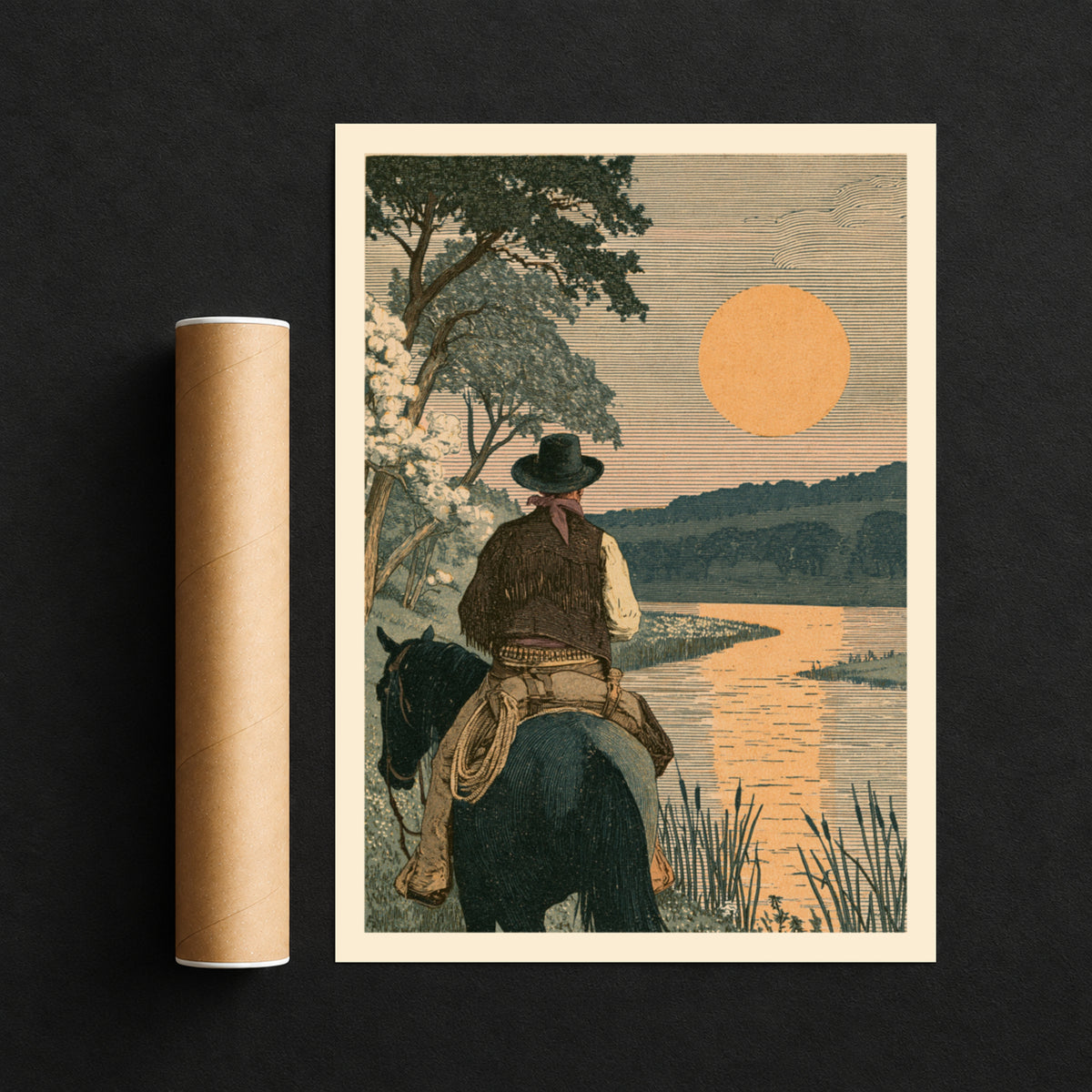 Cowboy at Sunset Print, Vintage Western Wall Art, Riverside Landscape Poster, Rustic Ranch Decor