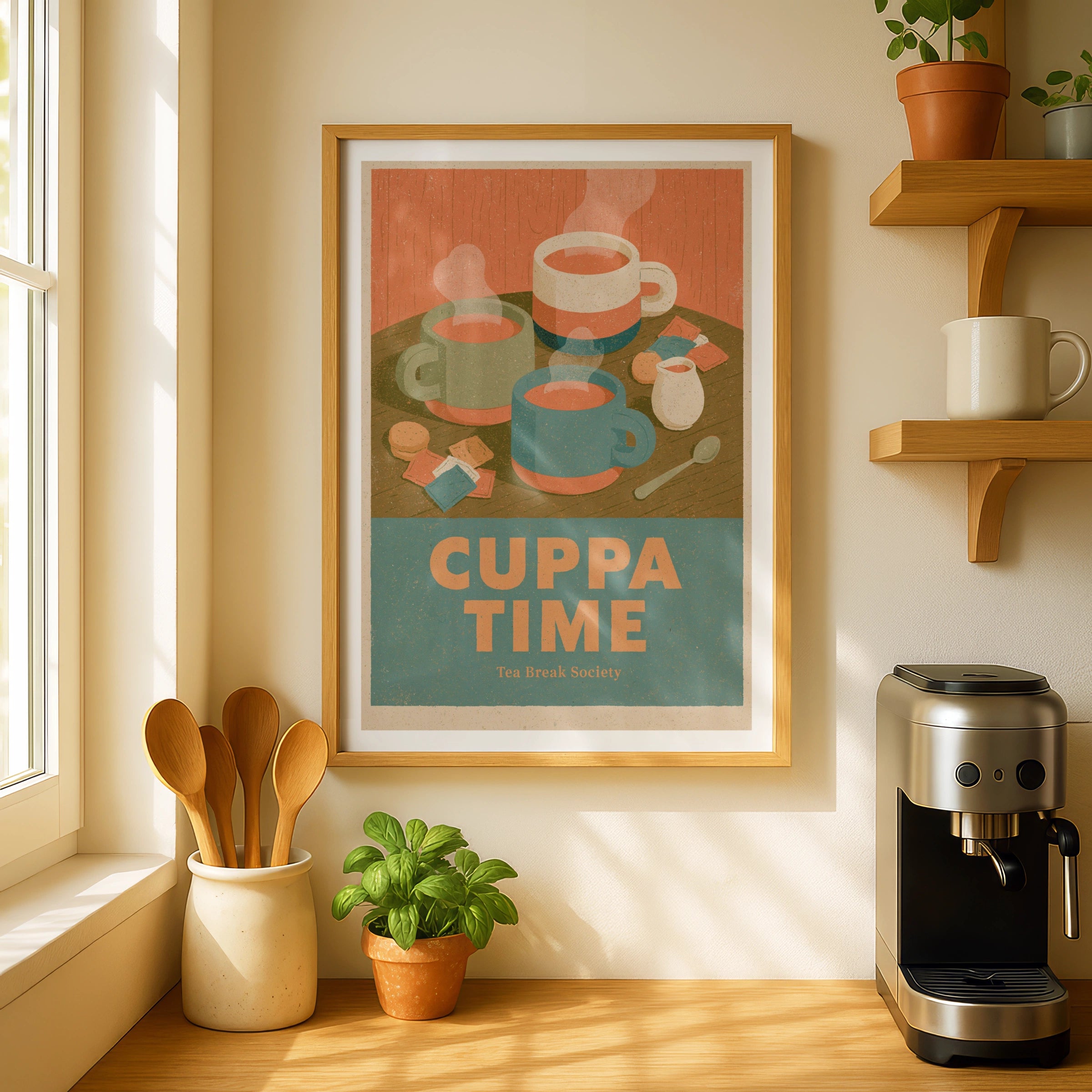 Cuppa Time Vintage Food Poster Print | Rustic Kitchen Decor | Retro Mid Century Risograph Tea