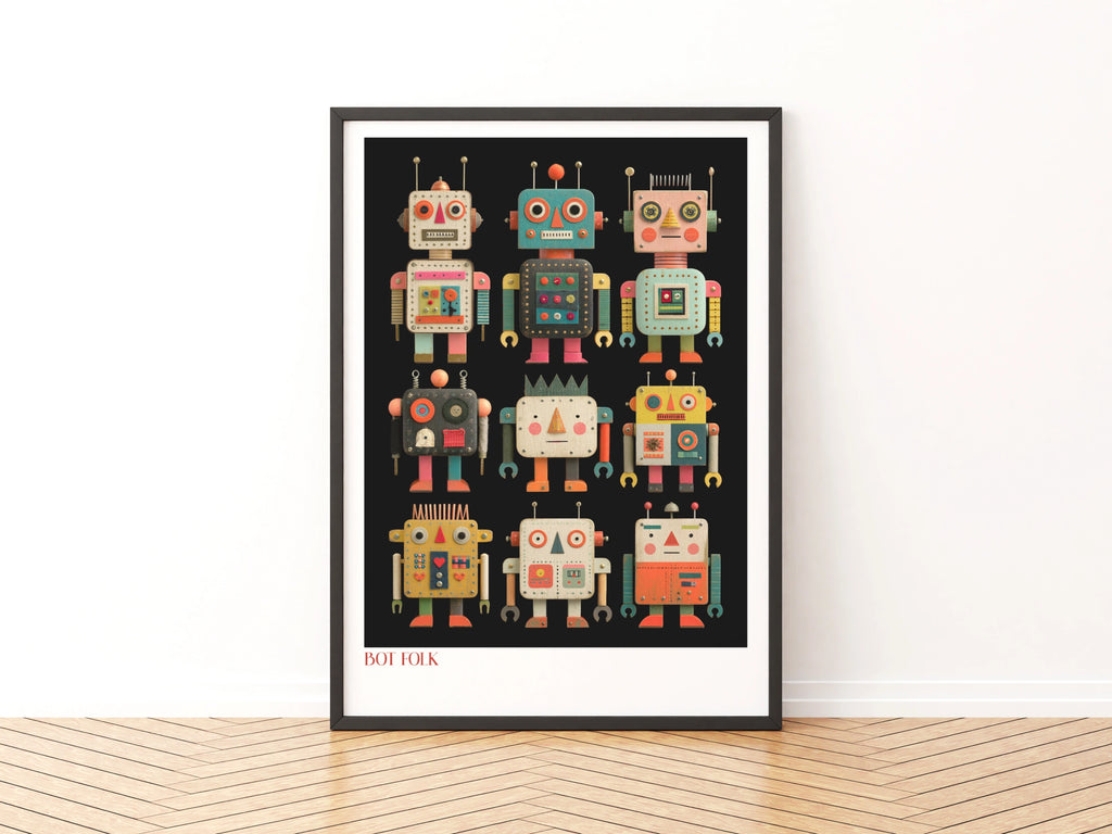Retro Robot Poster, Bot Folk Kids Wall Art, Vintage Toy Robot Print, Colourful Children's