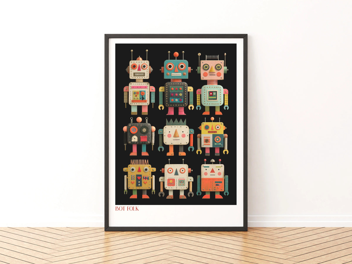Retro Robot Poster, Bot Folk Kids Wall Art, Vintage Toy Robot Print, Colourful Children's