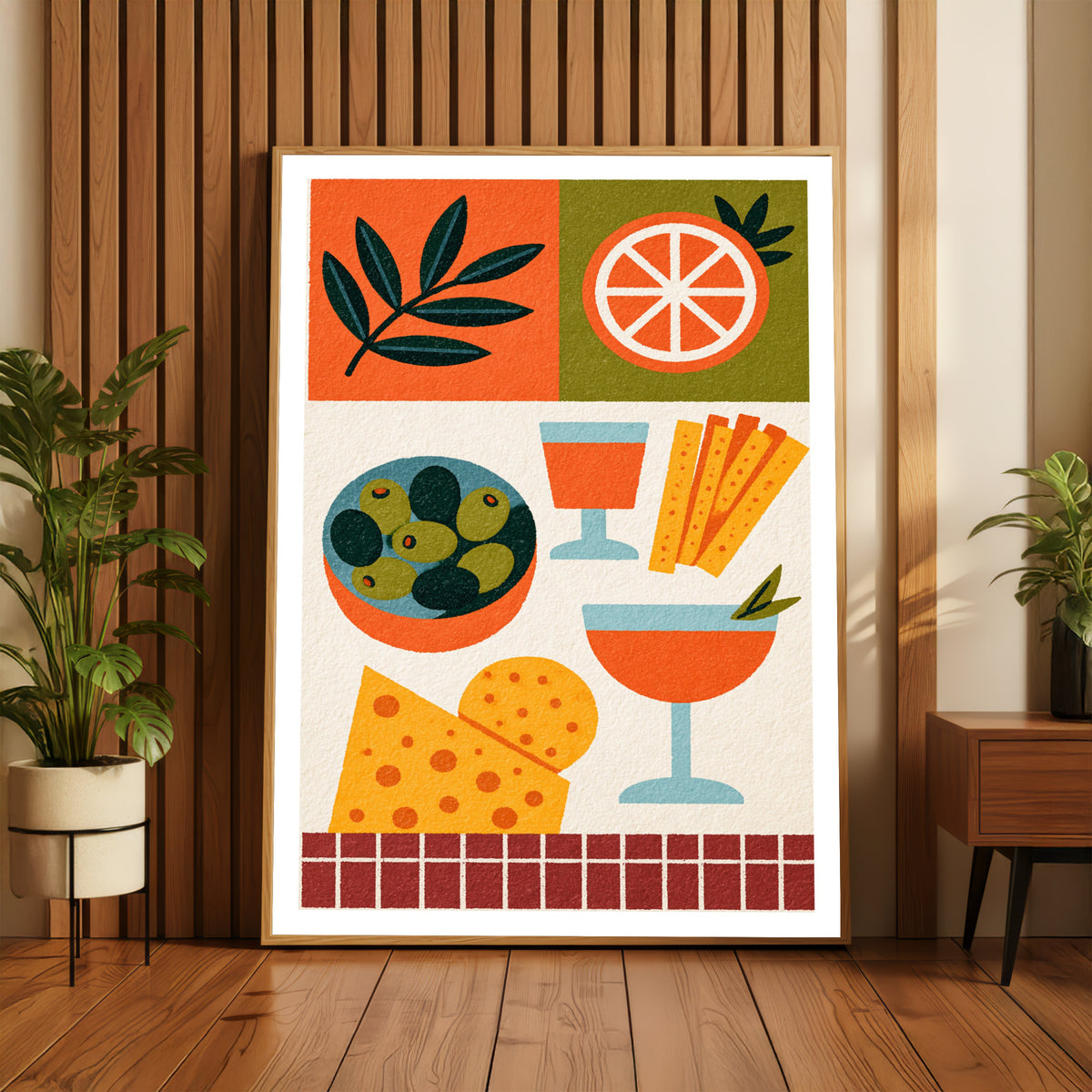 Meze Wall print - Vintage Food Poster Print, Rustic Kitchen Decor, Retro Mid Century Risograph Olive Cheese Aperitif