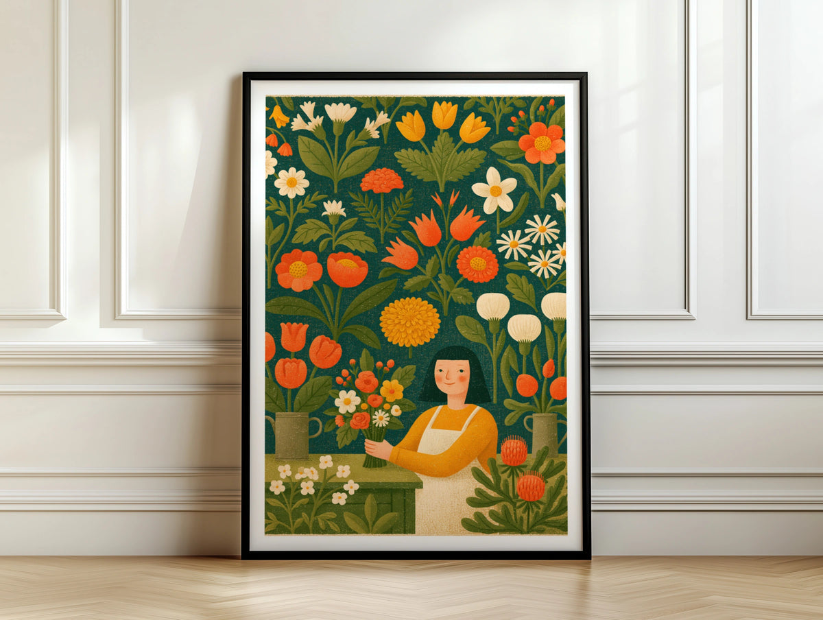 Vintage Florist Girl Poster, Retro Flower Shop Wall Art, Botanical Garden Print