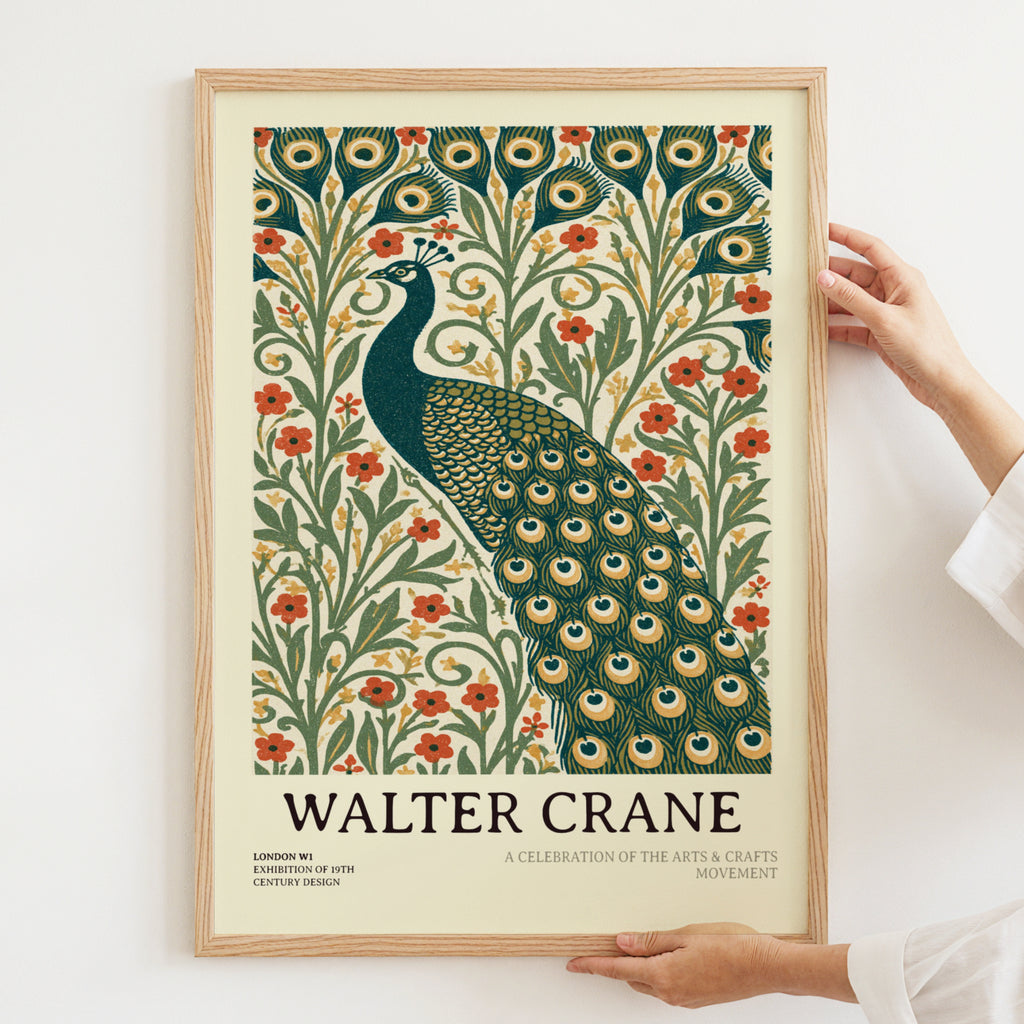 Walter Crane Peacock Print, Arts and Crafts Wall Art, Vintage Botanical Poster, Nature Floral Decor