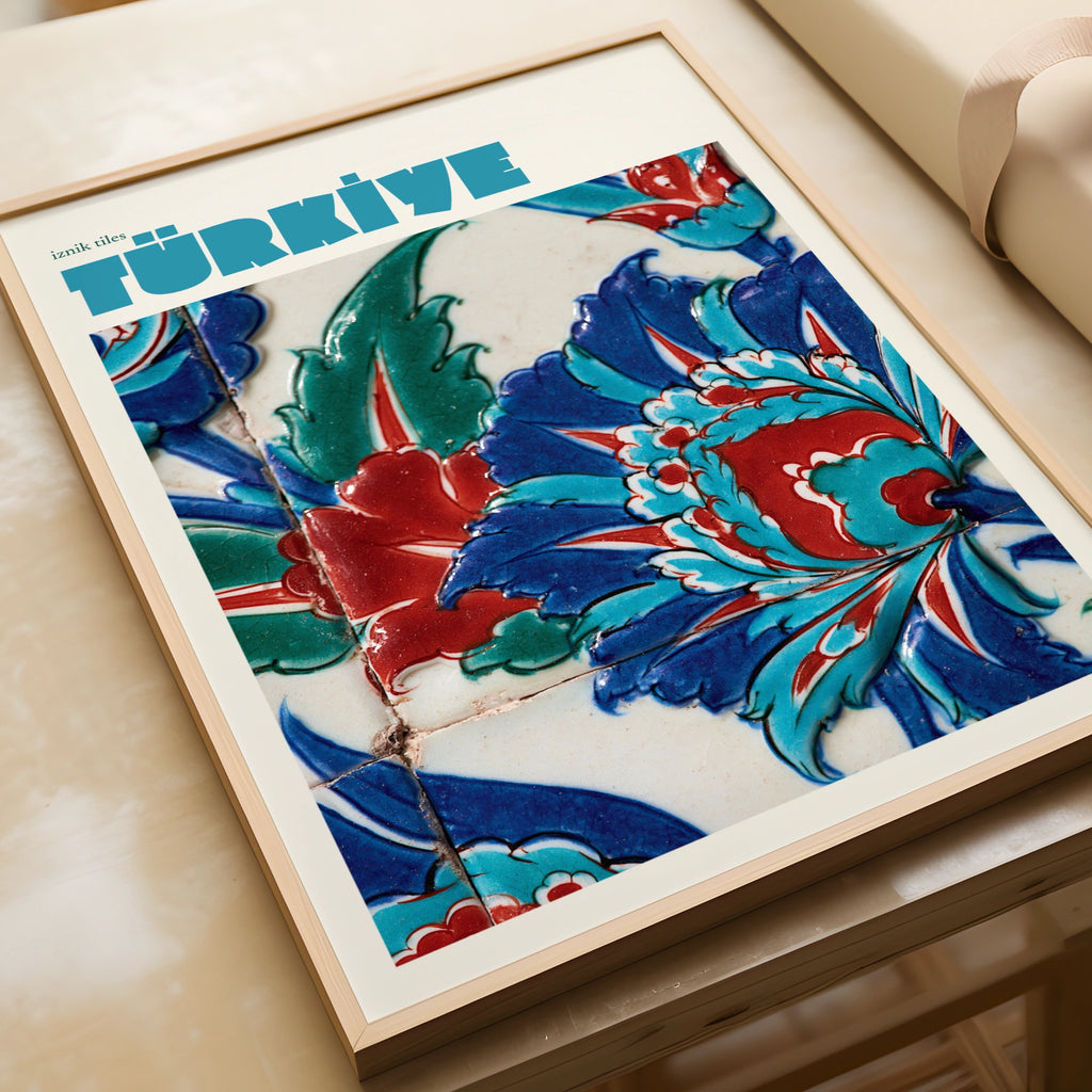 Turkiye Iznik Tiles Vintage Travel Poster, Turkey Print, Teal Blue Floral Wall Art