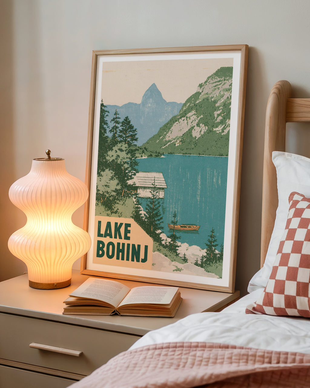 Retro Lake Bohinj Poster, Vintage Travel Print, Slovenia Julian Alps Mountain Lake Wall Art