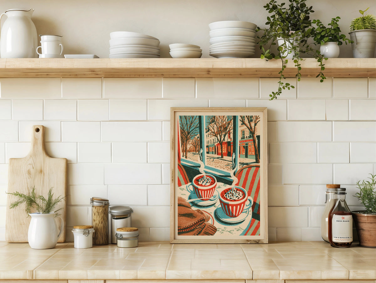 Vintage Food Poster Print Paris Cafe Hot Chocolate, Rustic Kitchen Decor Retro Mid Century Risograph