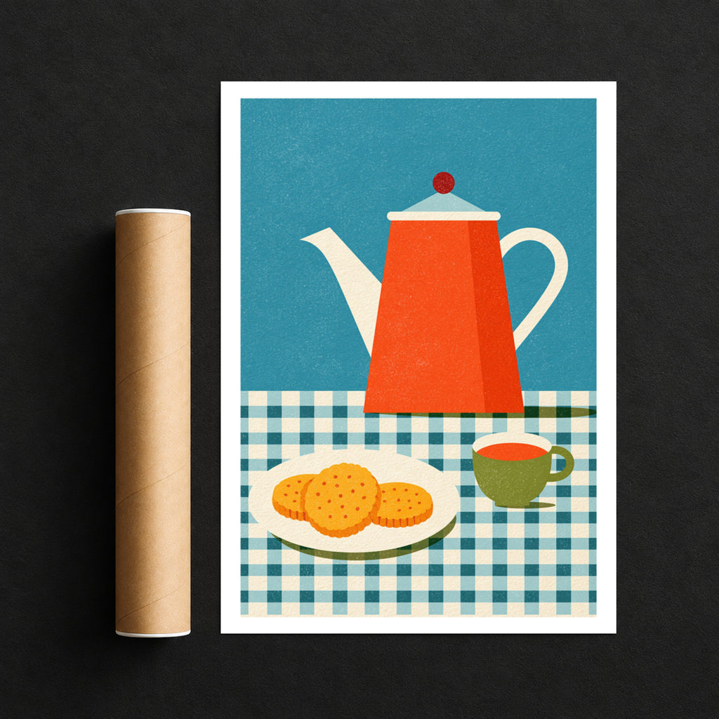 Vintage Food Poster Print, Tea and Biscuits, Rustic Kitchen Decor, Retro Mid Century Risograph Art