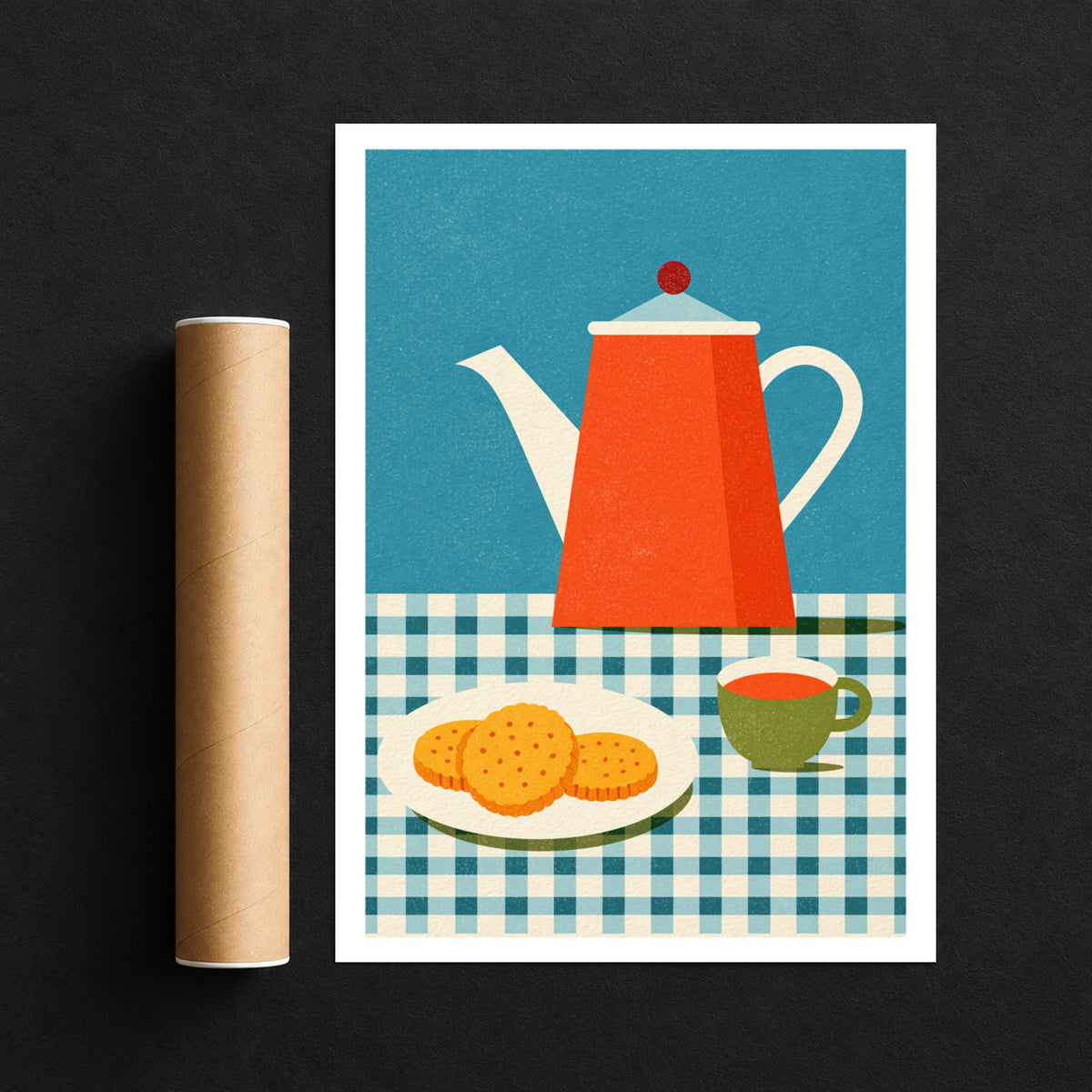 Vintage Food Poster Print, Tea and Biscuits, Rustic Kitchen Decor, Retro Mid Century Risograph Art