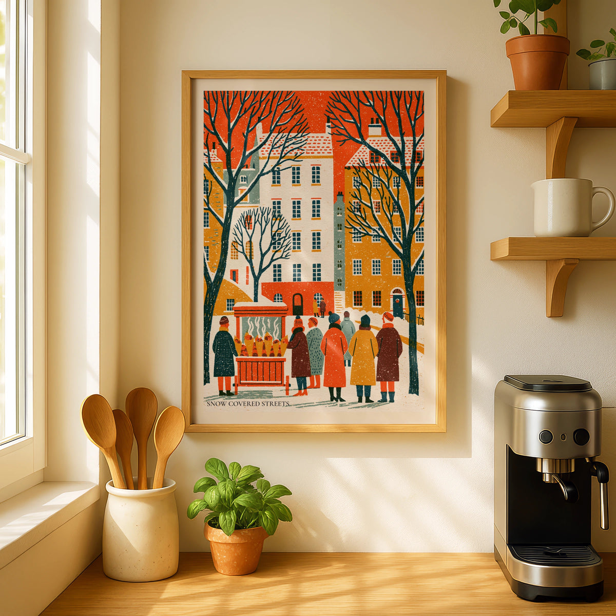 Snow Covered Streets Vintage Food Poster Print | Rustic Kitchen Decor | Festive Street Market Art decor
