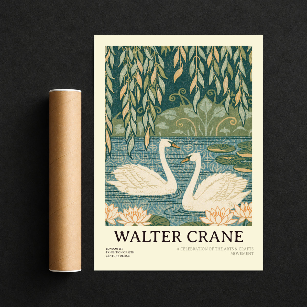 Walter Crane Swans Print, Arts and Crafts Wall Art, Willow Tree Lily Pond, Vintage Nature Poster
