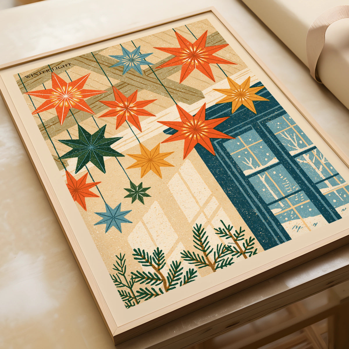 Winter Light Star Poster, Retro Christmas Wall Art, Scandi Hygge Print, Festive Home Decor