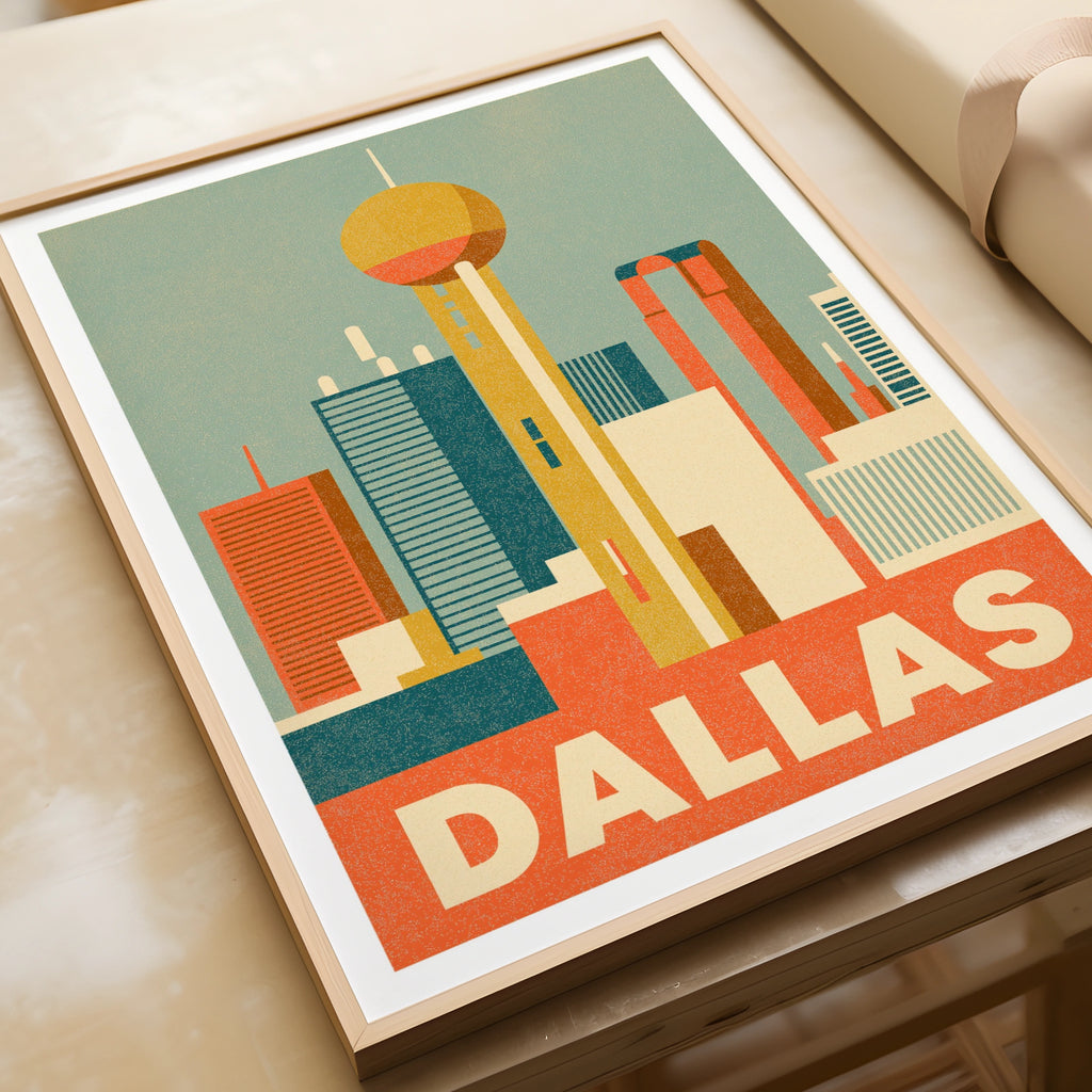 Dallas Retro Travel Poster, Reunion Tower Skyline Print, Texas City Wall Art