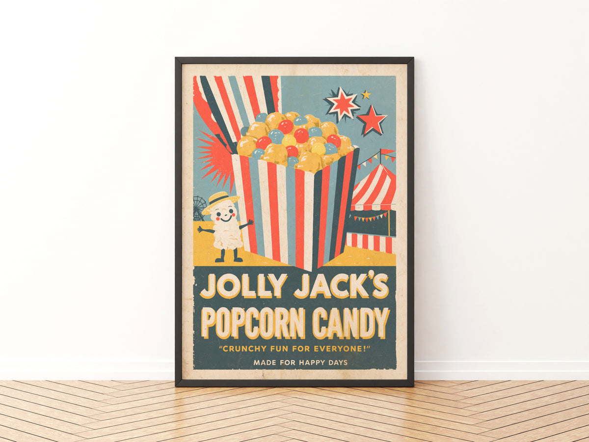 Contemporary Vintage Popcorn Candy Print, Retro Funfair Kitchen Wall Art, Circus Tent Food Poster
