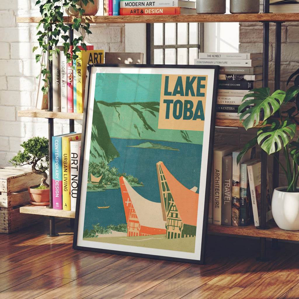 Retro Lake Toba Print, Vintage Travel Poster, Sumatra Indonesia Wall Art, Batak House Art Print