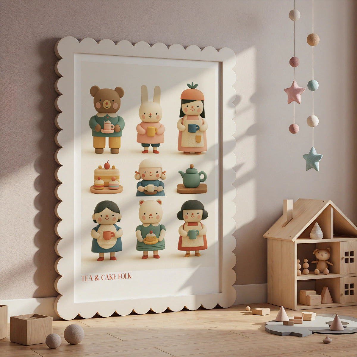 Tea & Cake Folk Retro Children's Print, Cute Bear Bunny Wall Art, Kids Nursery Poster