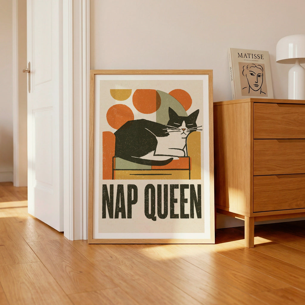 Nap Queen Cat Print, Retro Cat Wall Art, Tuxedo Cat Folk Art, Mid Century Modern Cat Decor