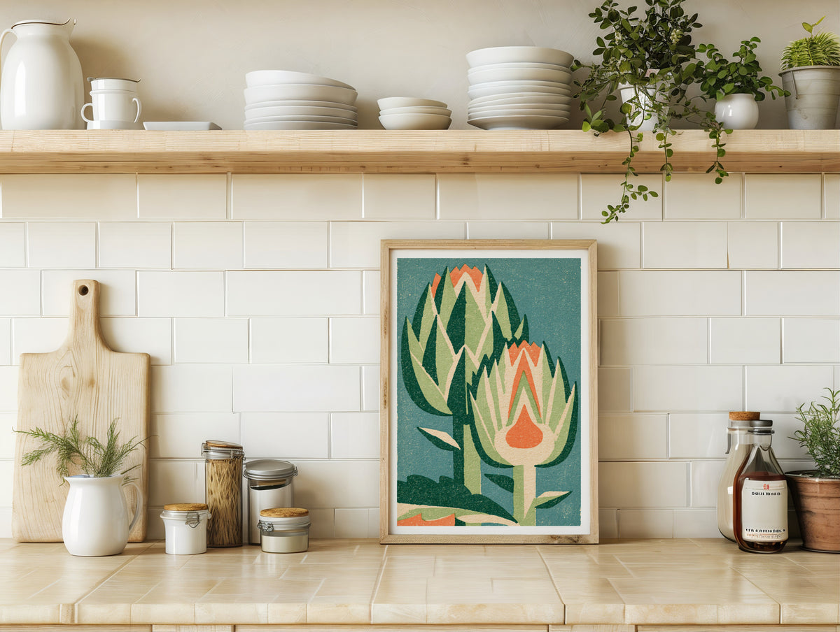 Vintage Food Poster Print | Rustic Kitchen Decor, Artichoke Wall Art, Mid Century Vegetable Art