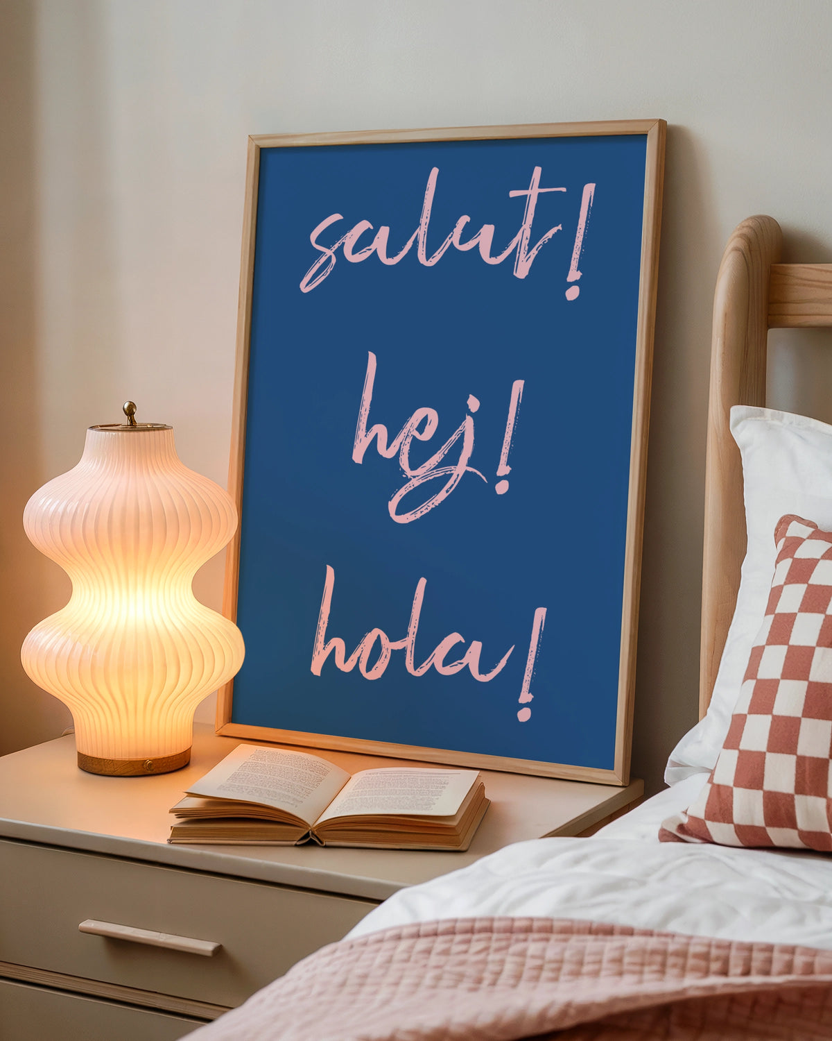Salut Hej Hola Typography Poster, Blue Pink Fun Word Wall Art Print, Hello