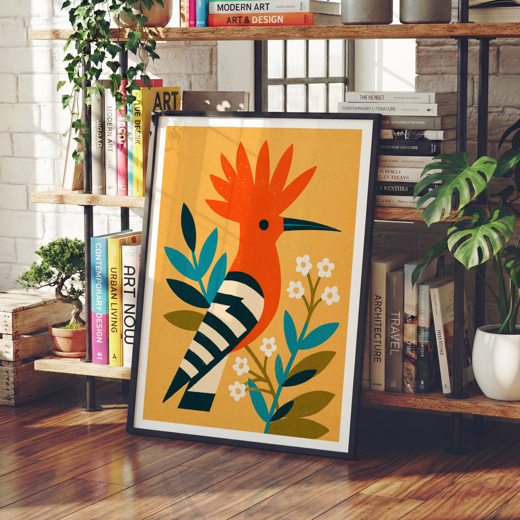 Retro Hoopoe Bird Poster, Vintage Mid Century Modern Wall Art, Orange Botanical Animal Art Print