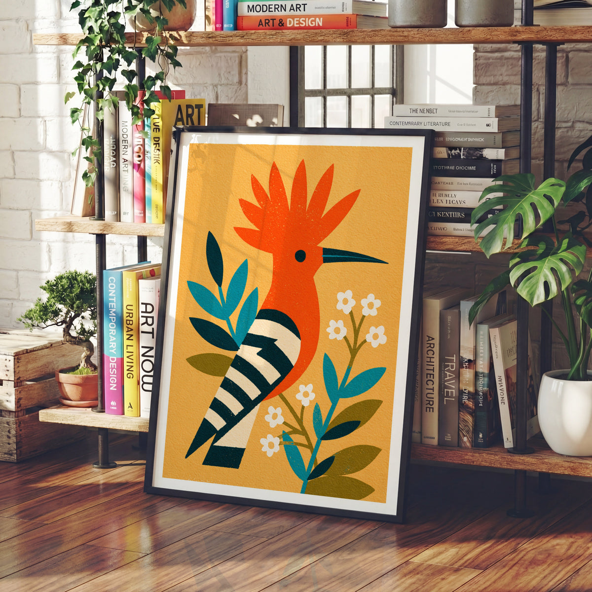 Retro Hoopoe Bird Poster, Vintage Mid Century Modern Wall Art, Orange Botanical Animal Art Print