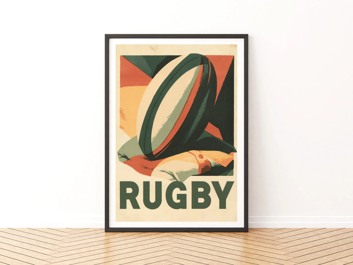 Retro Rugby Poster, Vintage Sport Wall Art Print, Rugby Ball, Green Orange Decor