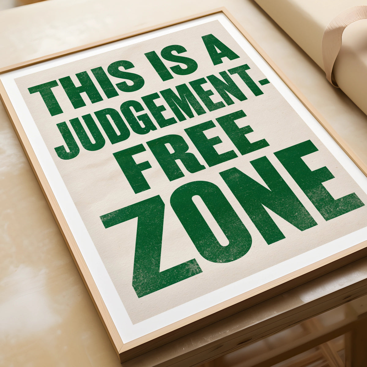 Judgement Free Zone Typography Print, Bold Green Quote Poster, Fun Office Wall Art