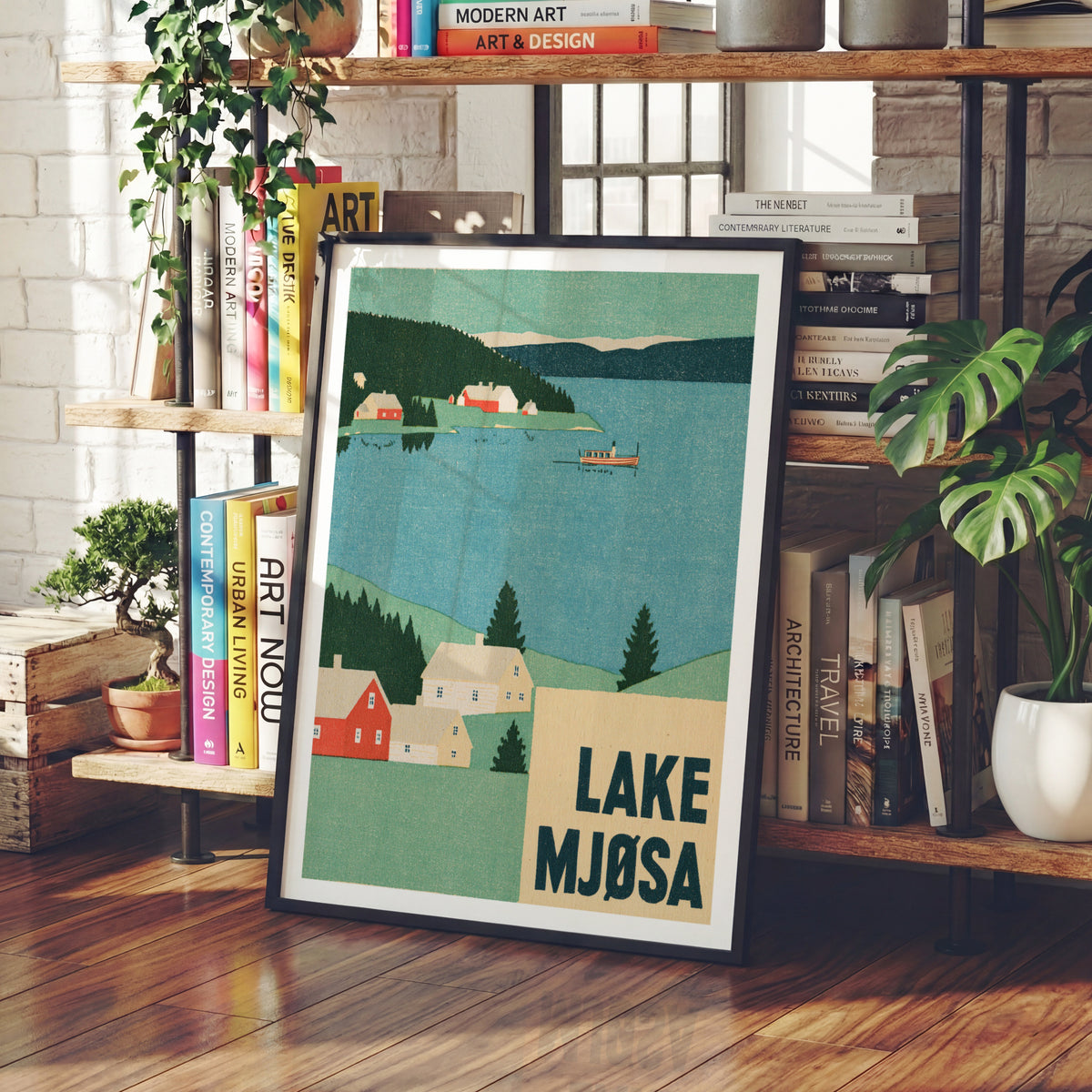 Retro Lake Mjosa Norway Poster, Vintage Travel Print, Scandinavian Wall Art, Norwegian Lake