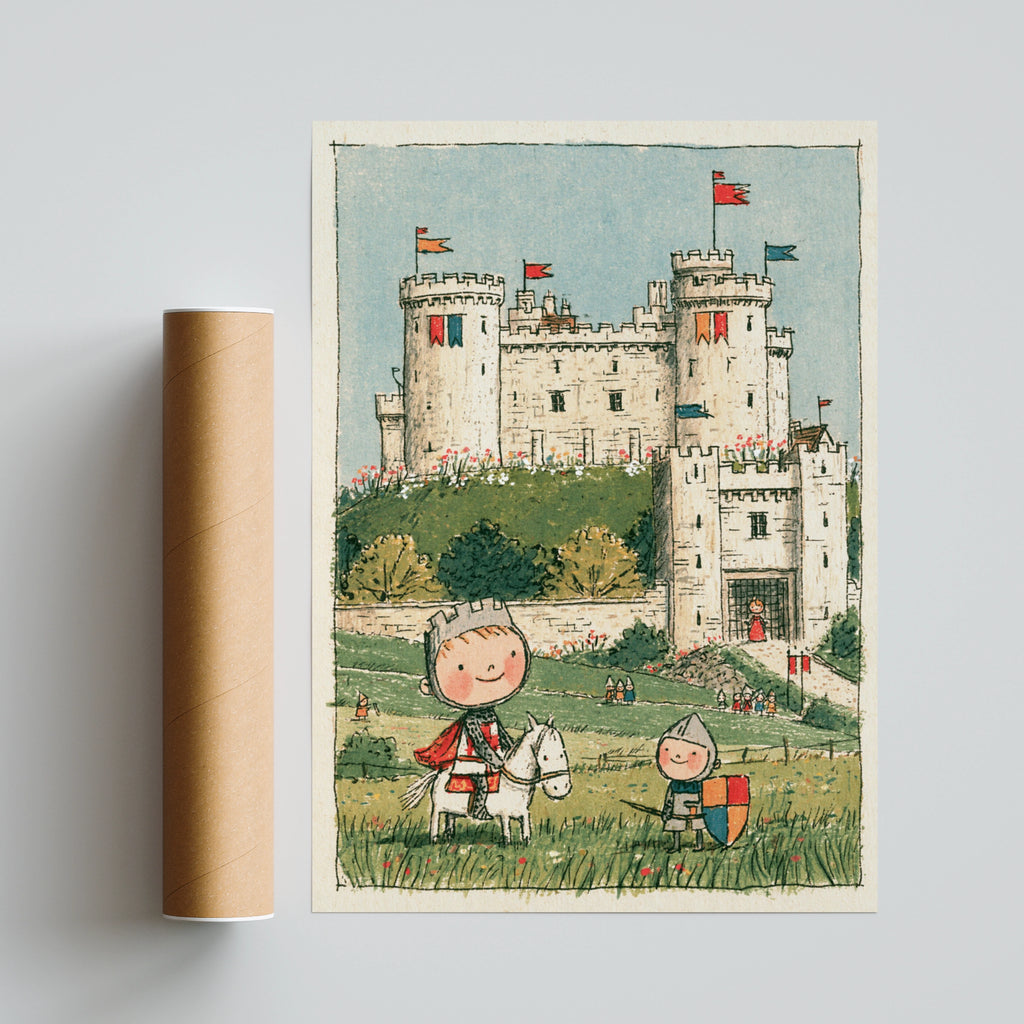 Retro Children's Knight Castle Print, Kids Wall Art, Little Folk Collectable Poster