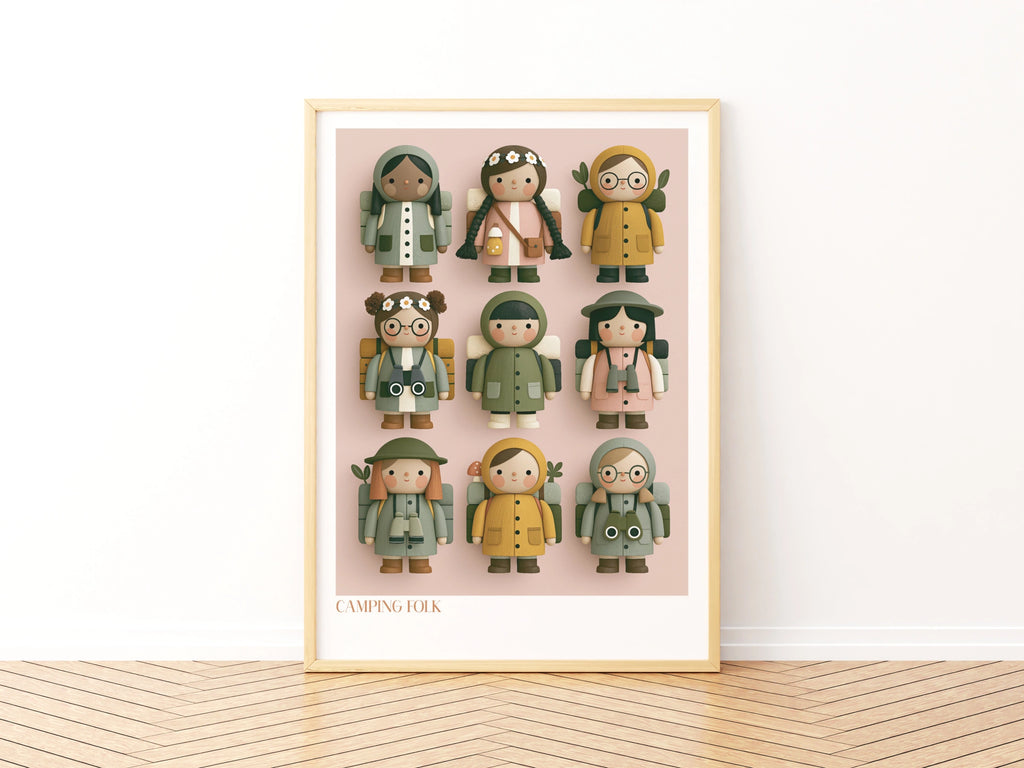 Camping Folk Retro Kids Wall Art, Cute Hiking Characters Poster, Children's Collectable Print
