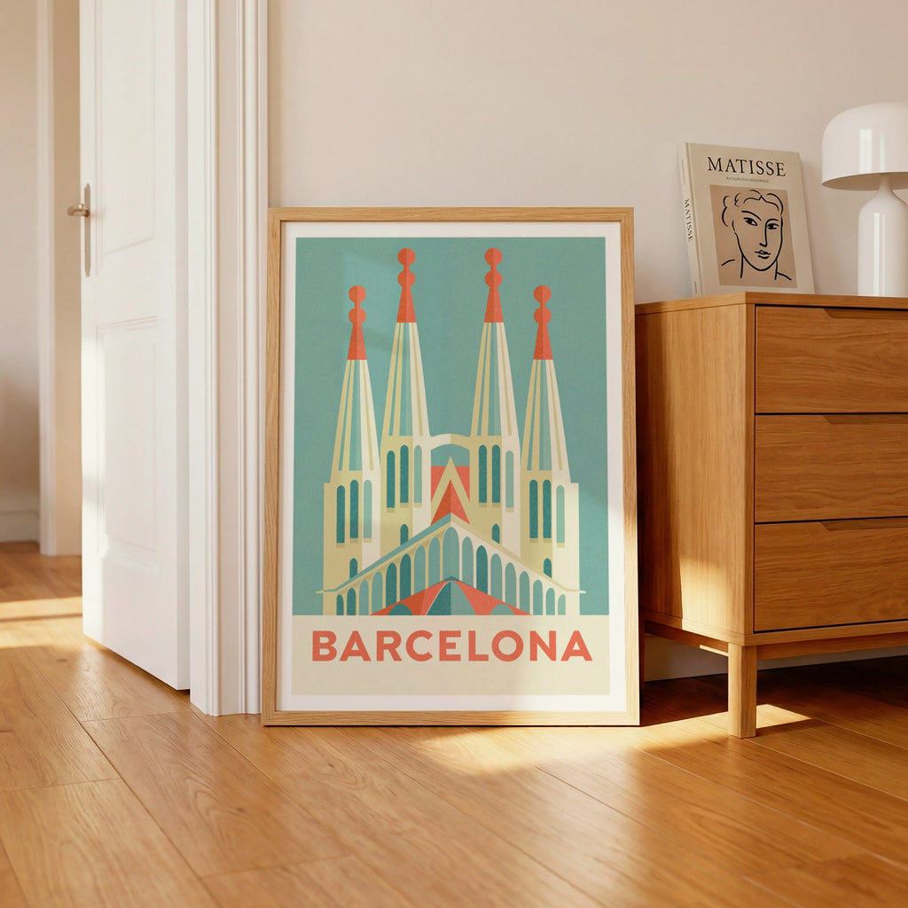 Barcelona Retro Travel Poster, Sagrada Familia Spain Wall Art Print, Teal