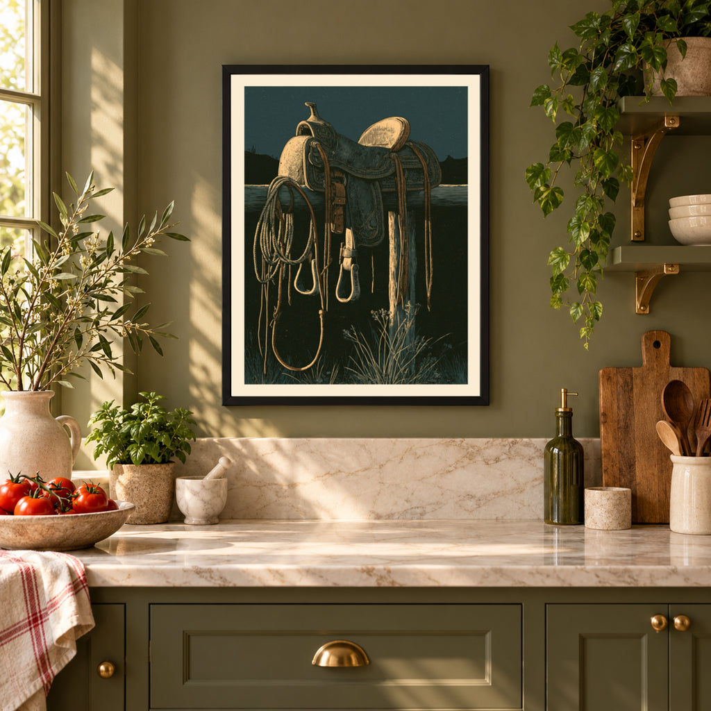 Western Saddle Wall Art, Cowboy Poster, Desert Night Fence Post Print, Rustic Ranch Decor