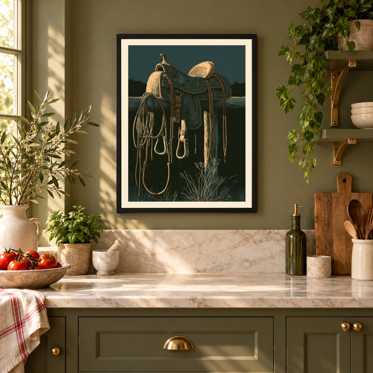 Western Saddle Wall Art, Cowboy Poster, Desert Night Fence Post Print, Rustic Ranch Decor