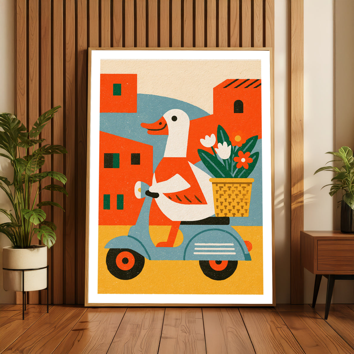 Retro Duck on Scooter Art Print, Vintage Illustrated Animal Poster, Colourful Funky Wall Art