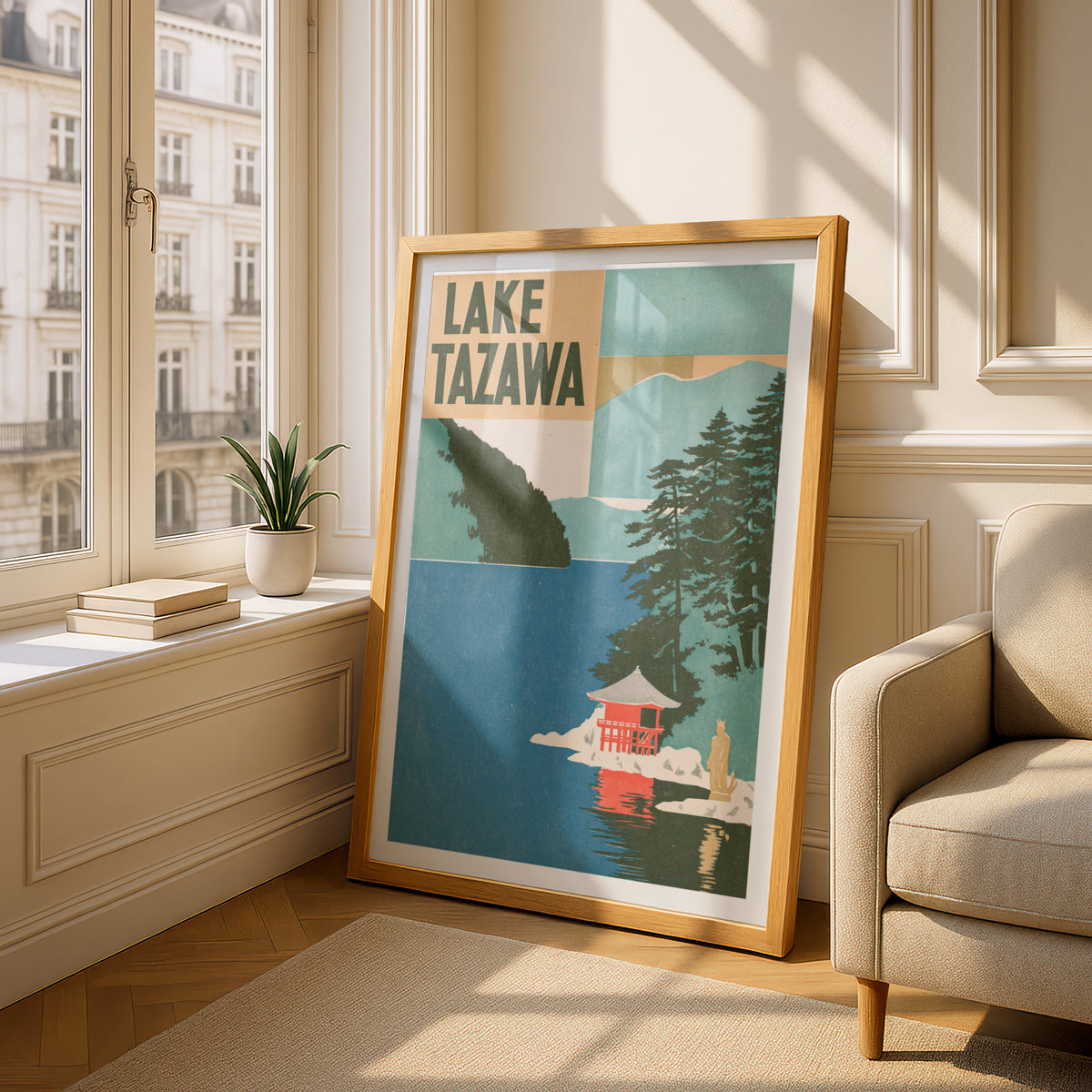 Retro Lake Tazawa Japan Poster, Vintage Travel Print, Akita Pine Trees Red Pavilion Wall Art