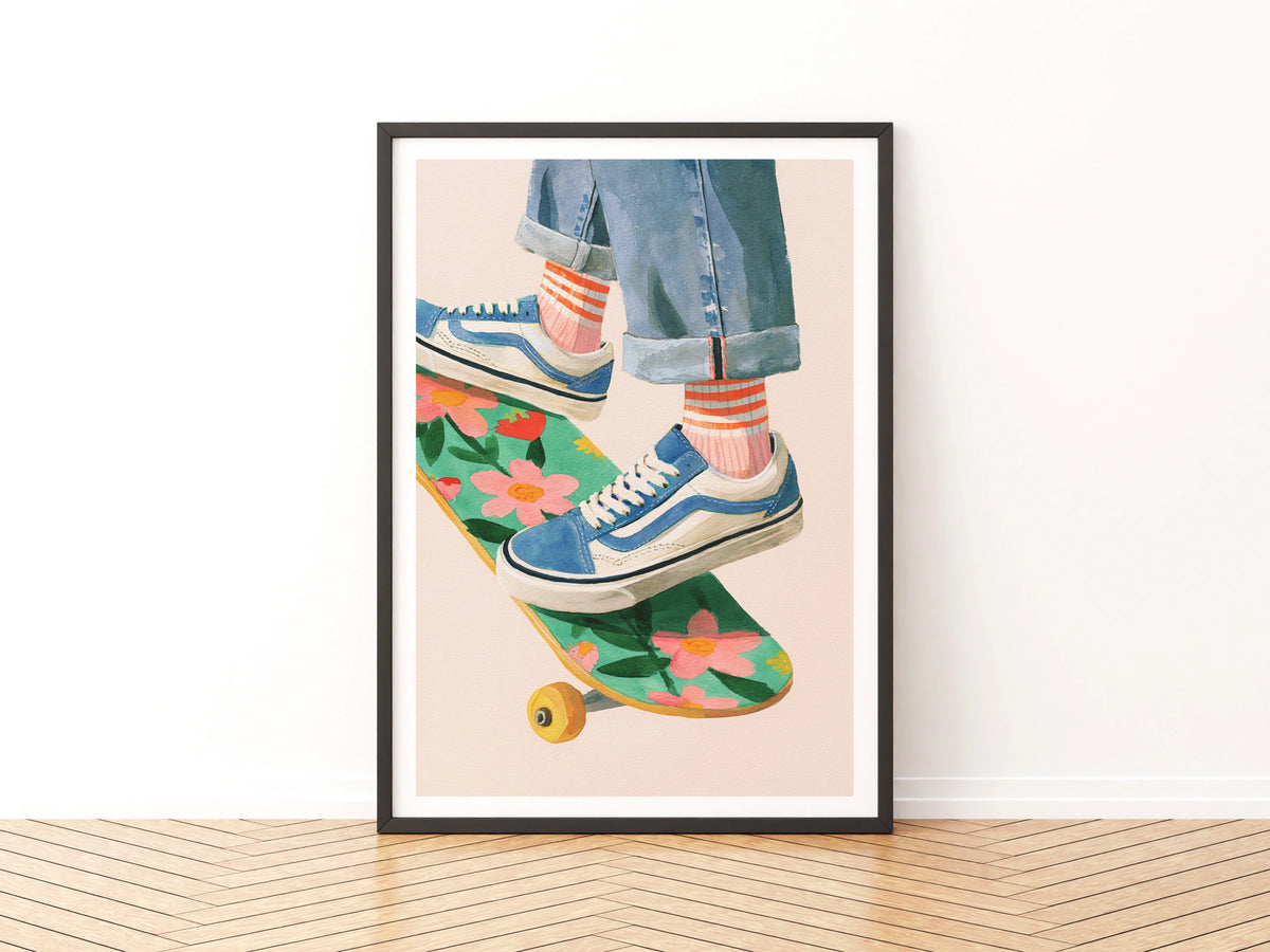 Retro Skater Print, Floral Skateboard Poster, Kids Room Wall Art, Colourful Children's Collectable
