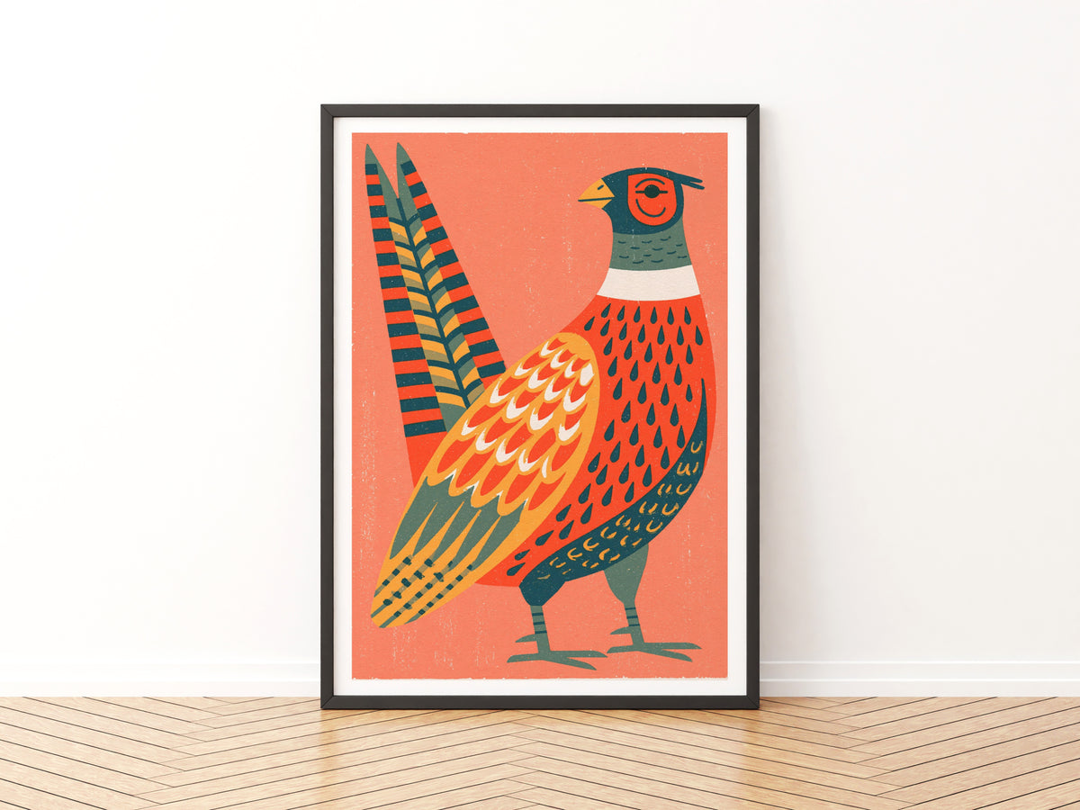 Retro Pheasant Wall Art, Vintage Style Bird Print, Folk Art Poster, Coral Orange Kitchen Decor
