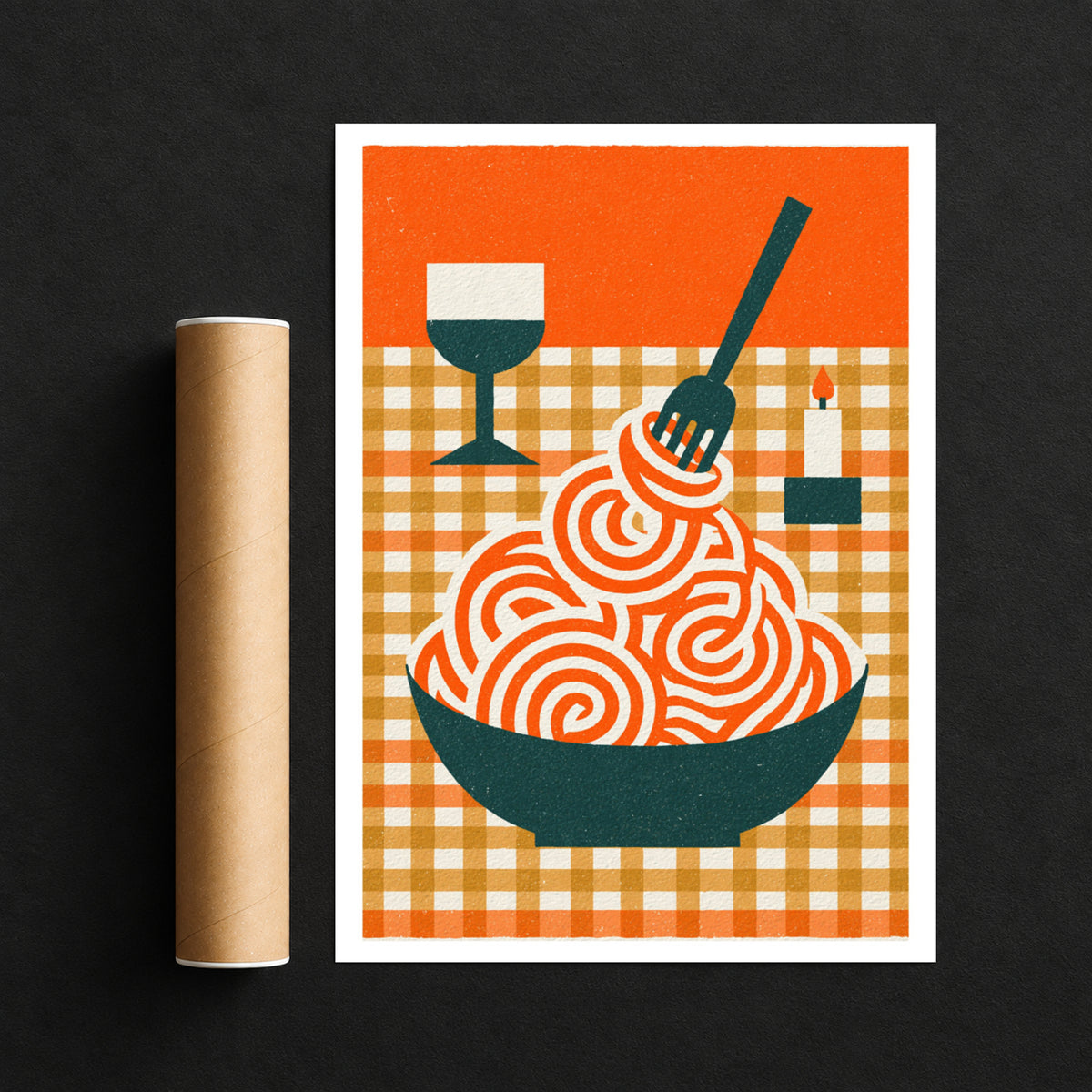 Pasta Print, Retro Spaghetti Bowl Art, Rustic Kitchen Decor, Mid Century Risograph