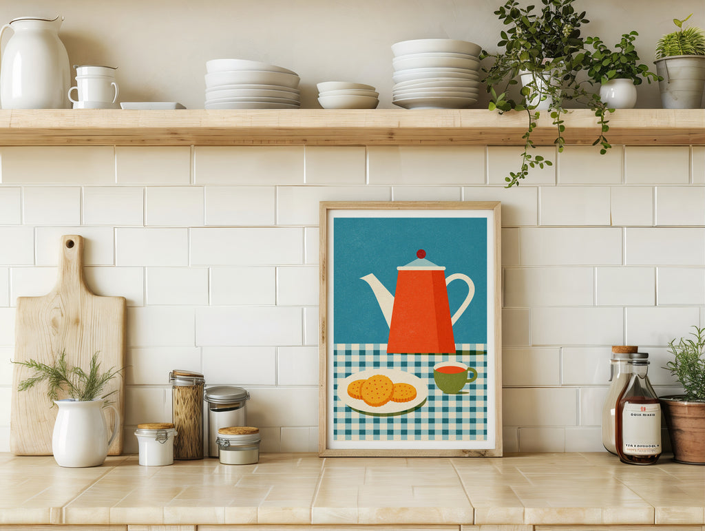 Vintage Food Poster Print, Tea and Biscuits, Rustic Kitchen Decor, Retro Mid Century Risograph Art