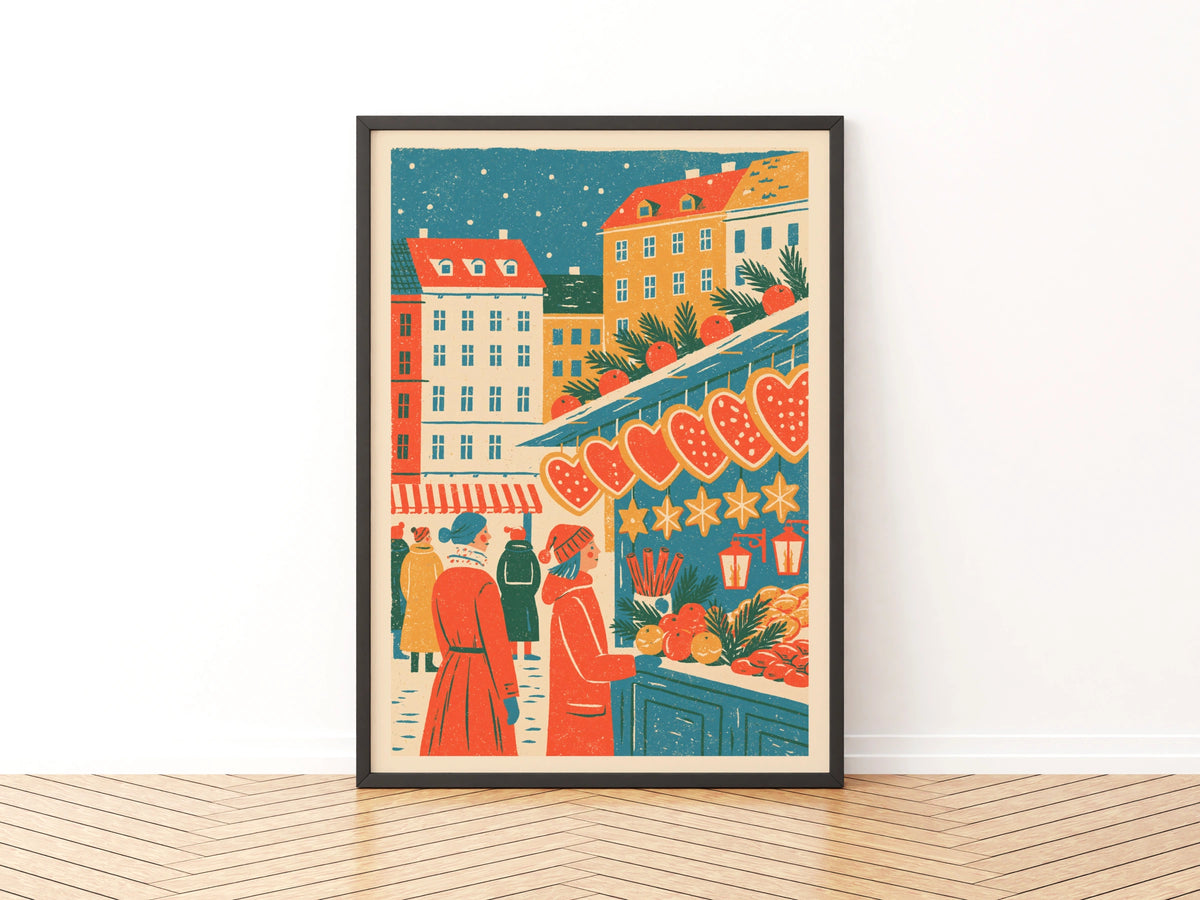 Vintage Food Poster Print, Christmas Market Stall, Rustic Kitchen Decor, Retro Mid Century Risograph