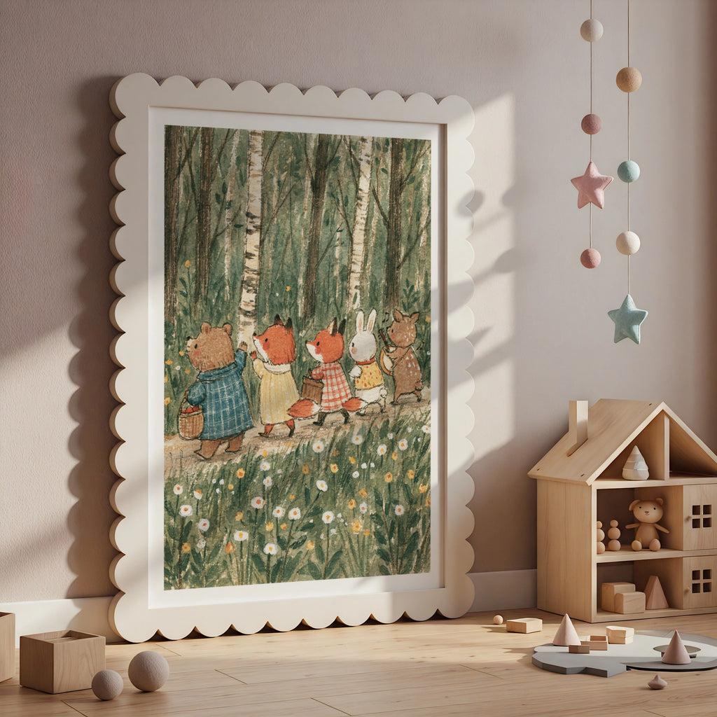 Woodland Animal Friends Forest Walk Print, Retro Unisex Children', Nursery Wall Art