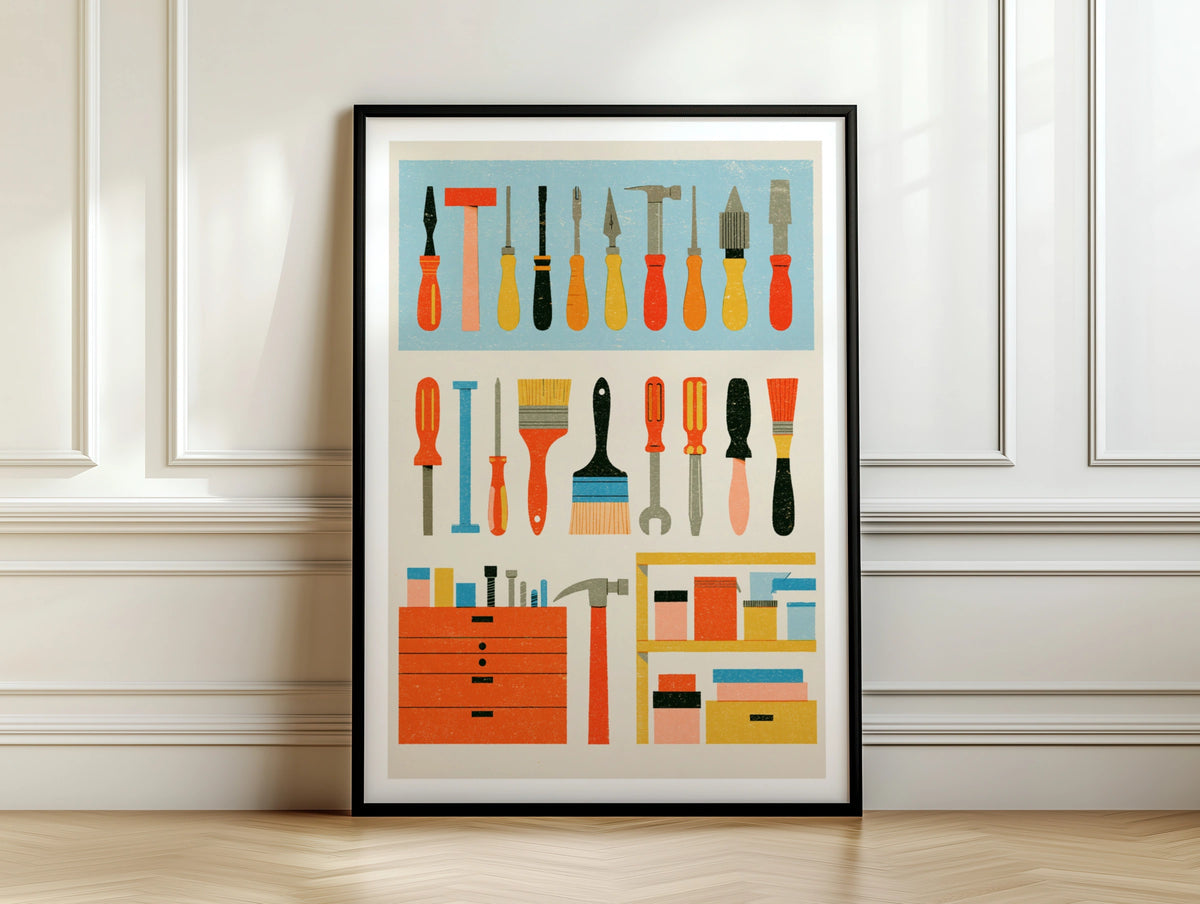 Retro Tools Poster, Workshop Wall Art, Vintage Screwdriver Hammer Print, DIY Home Decor Gift, DIY Gift