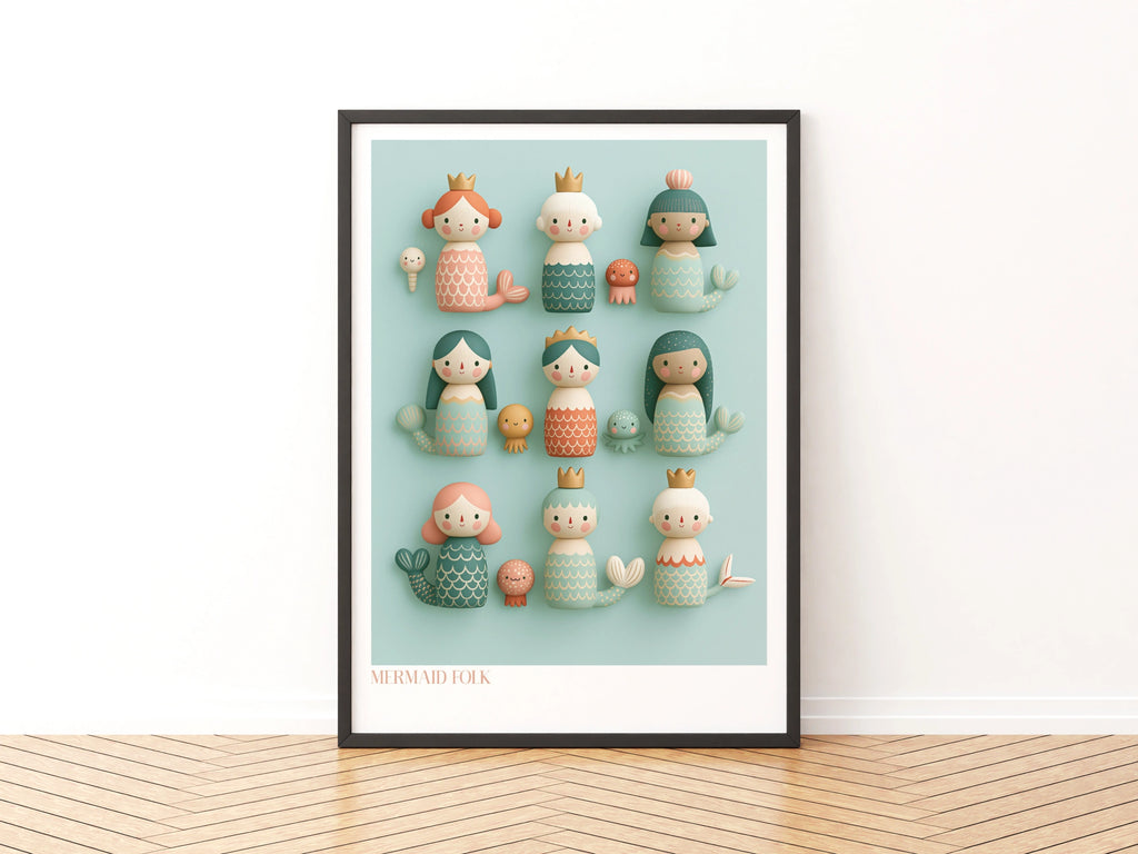 Mermaid Folk Art Print, Retro Children's Poster, Cute Wooden Toy Collectables Wall Art