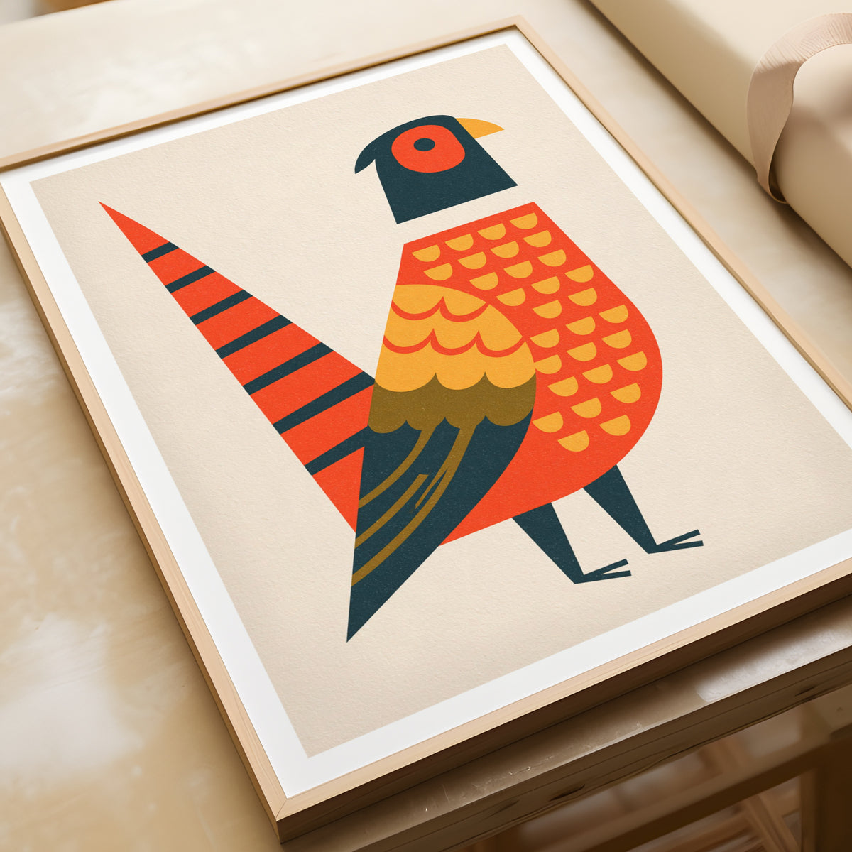 Retro Pheasant Print, Mid Century Bird Poster, Geometric Animal Wall Art, Orange Folk Style Decor