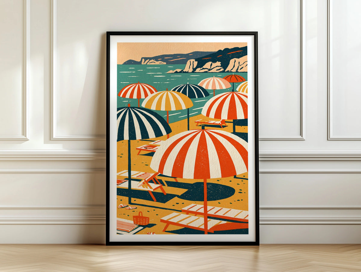 Retro Beach Umbrella Poster, Vintage Summer Print, Coastal Wall Art, Mediterranean Sun Lounger