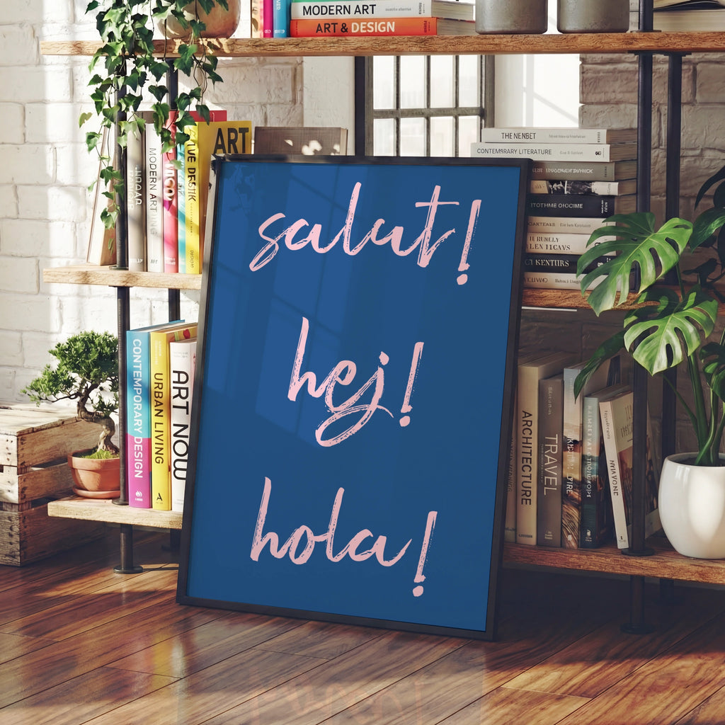 Salut Hej Hola Typography Poster, Blue Pink Fun Word Wall Art Print, Hello