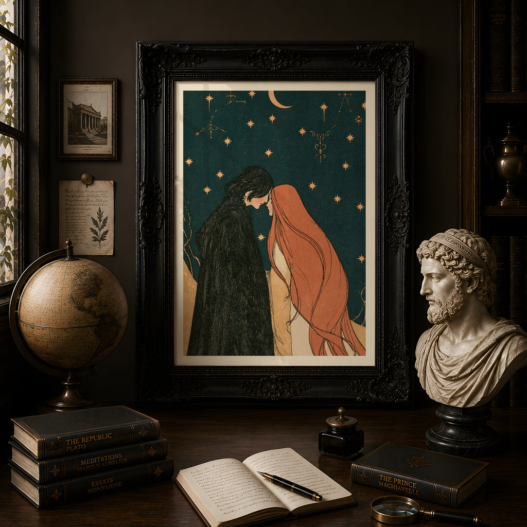 Celestial Lovers Art Print, Starry Night Sky Poster, Vintage Romantic Wall Art, Crescent Moon Couple