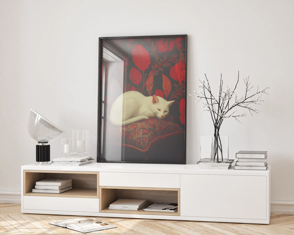 Sleeping White Cat Print